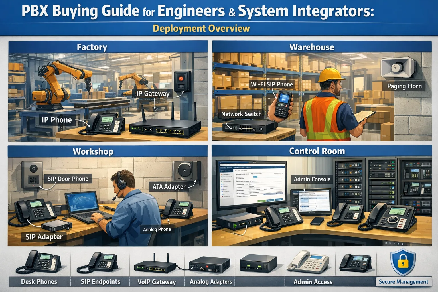 PBX Buying Guide for Engineers and System Integrators deployment scene covering factory, warehouse, workshop, control room with desk phones, SIP endpoints, gateways, and administrative access
