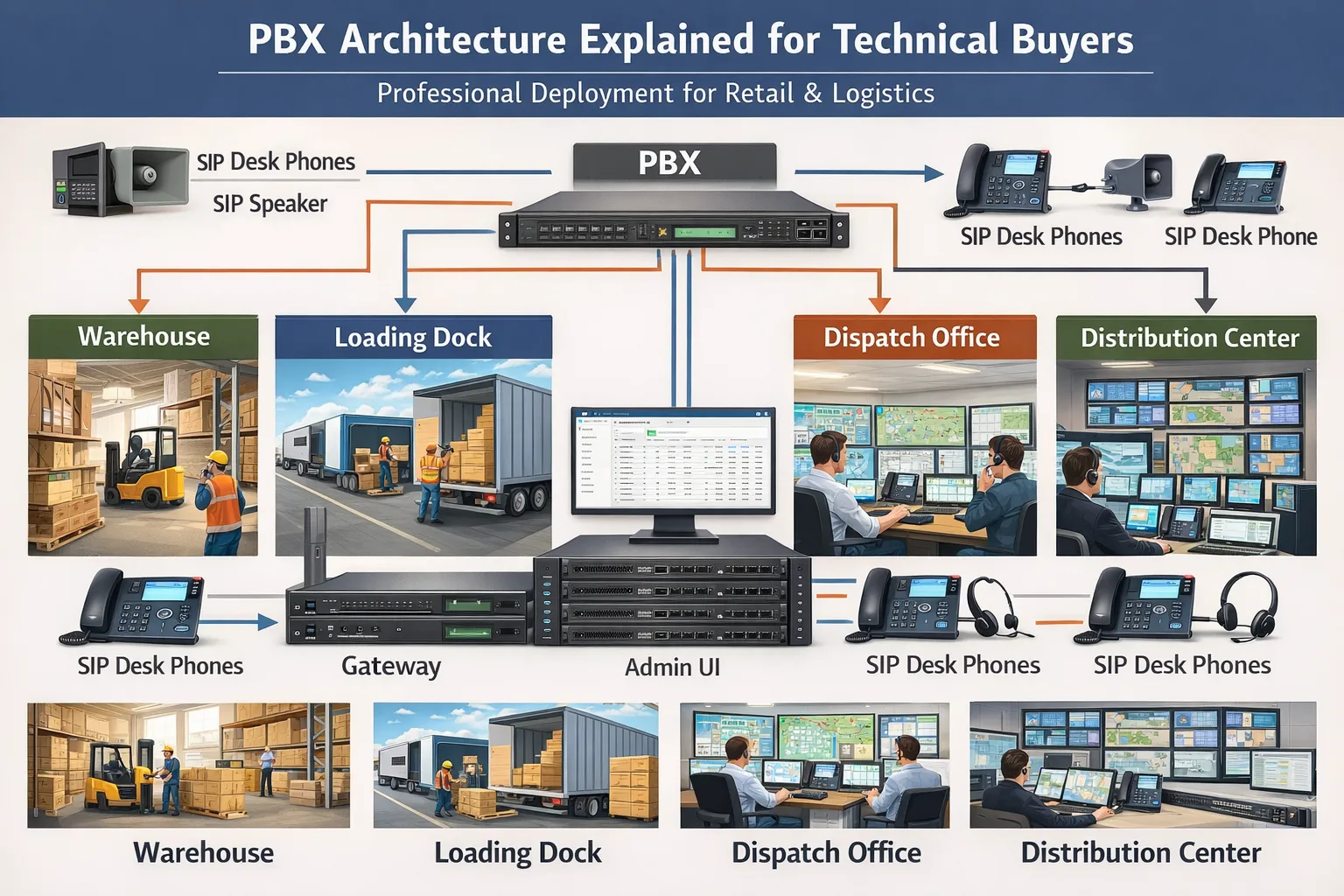 Escena de implantación de Arquitectura de PBX explicada para compradores técnicos, que cubre almacenes, muelles de carga, oficinas de despacho y centros de distribución con teléfonos de mesa, terminales SIP, puertas de enlace y acceso administrativo
