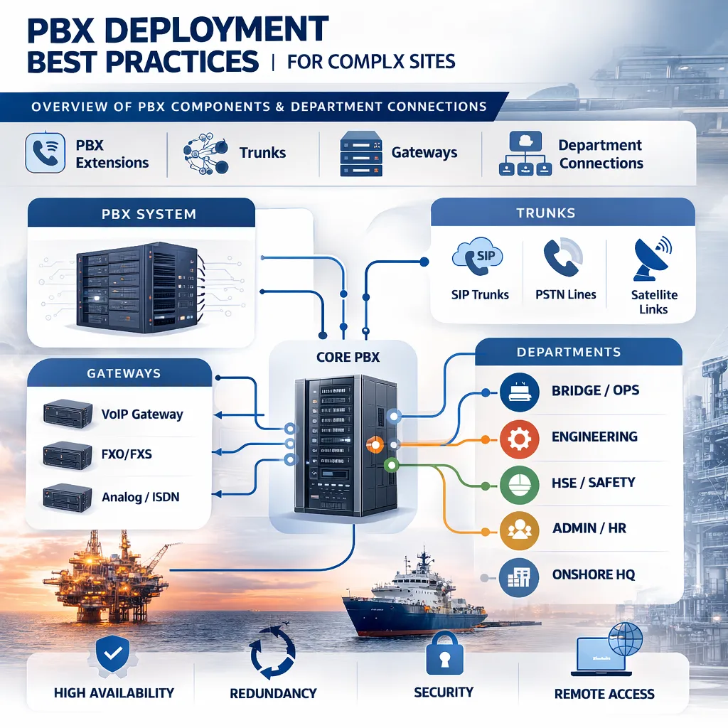 PBX Deployment Best Practices for Complex Sites overview showing PBX extensions, trunks, gateways, and department connections in maritime & energy projects