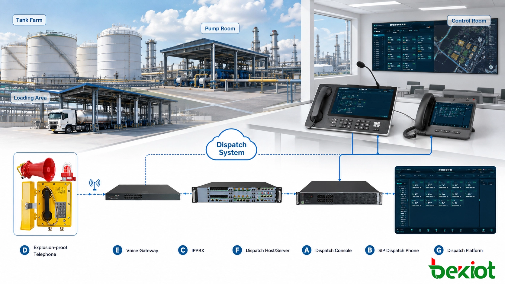 Arquitectura de teléfono a prueba de explosiones en planta petroquímica que conecta parques de tanques, salas de bombas, áreas de carga y el sistema de despacho de la sala de control central