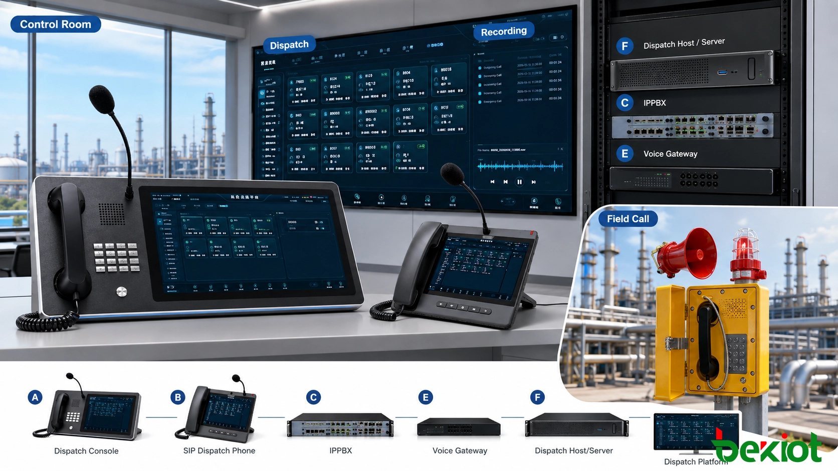 Sala de control central de planta petroquímica usando una consola de despacho para gestionar llamadas de teléfonos a prueba de explosiones y registros de comunicación