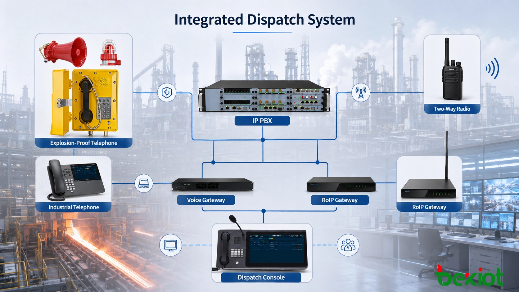 Arquitectura de despacho integrada para teléfonos antiexplosivos, IP PBX, megafonía y radio