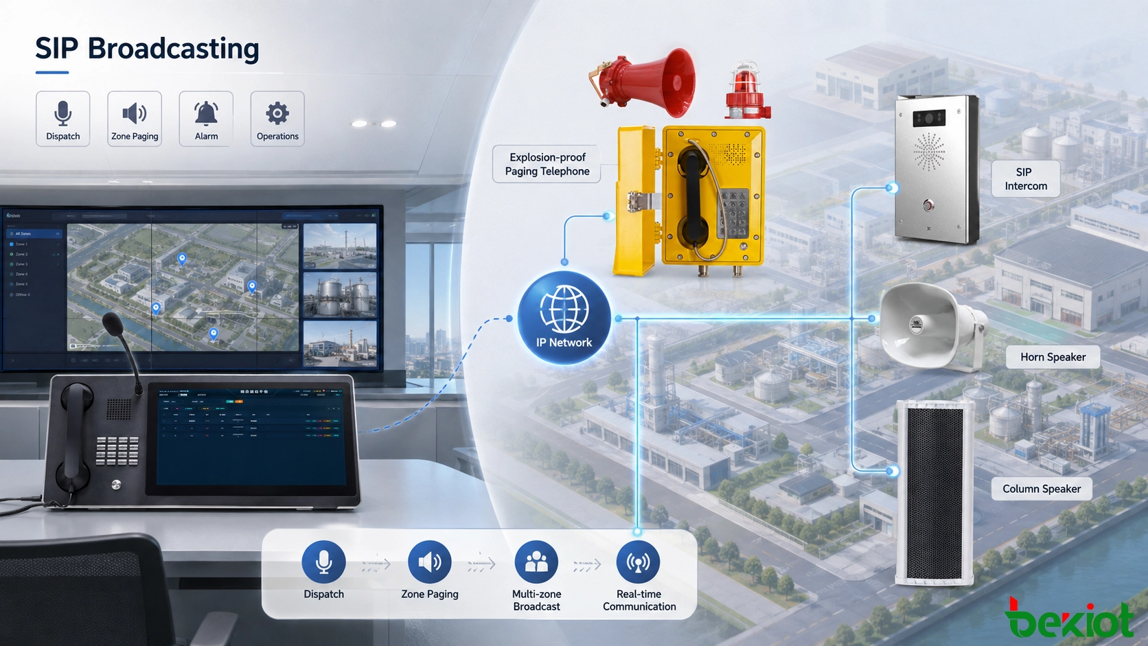 Arquitectura de difusión SIP que integra megafonía IP, despacho de voz, intercomunicación, alarmas y sistemas operativos