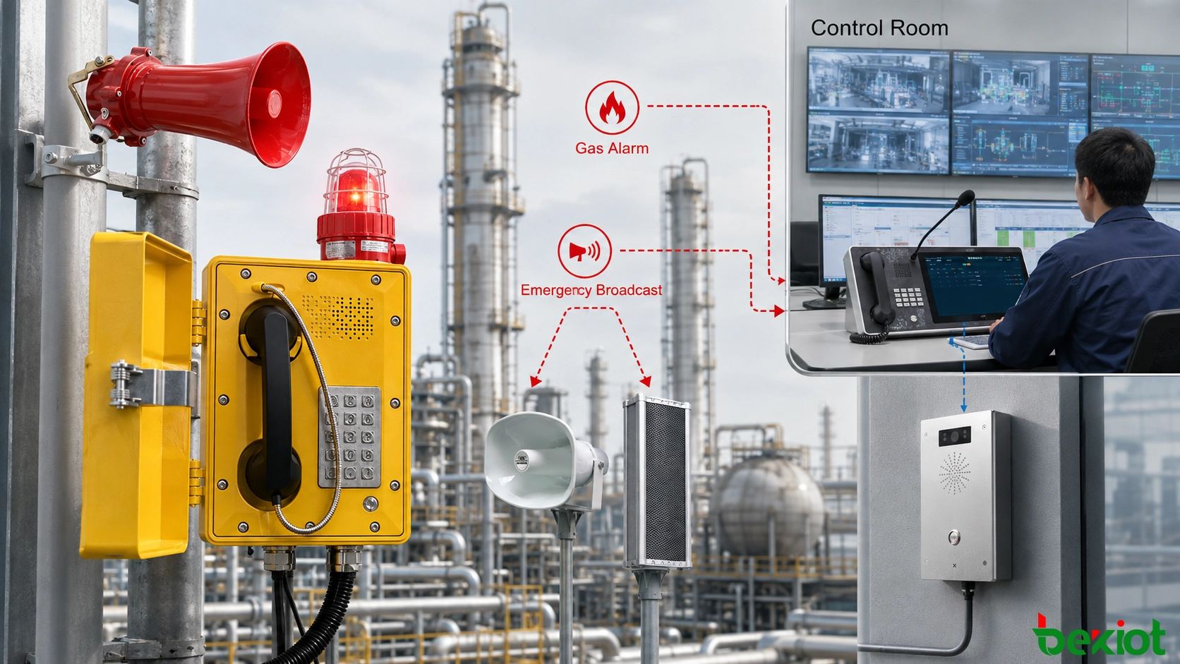 Difusión de emergencia SIP integrada con detección de gas, control de procesos, alarmas de incendio y comunicación de campo en una instalación industrial