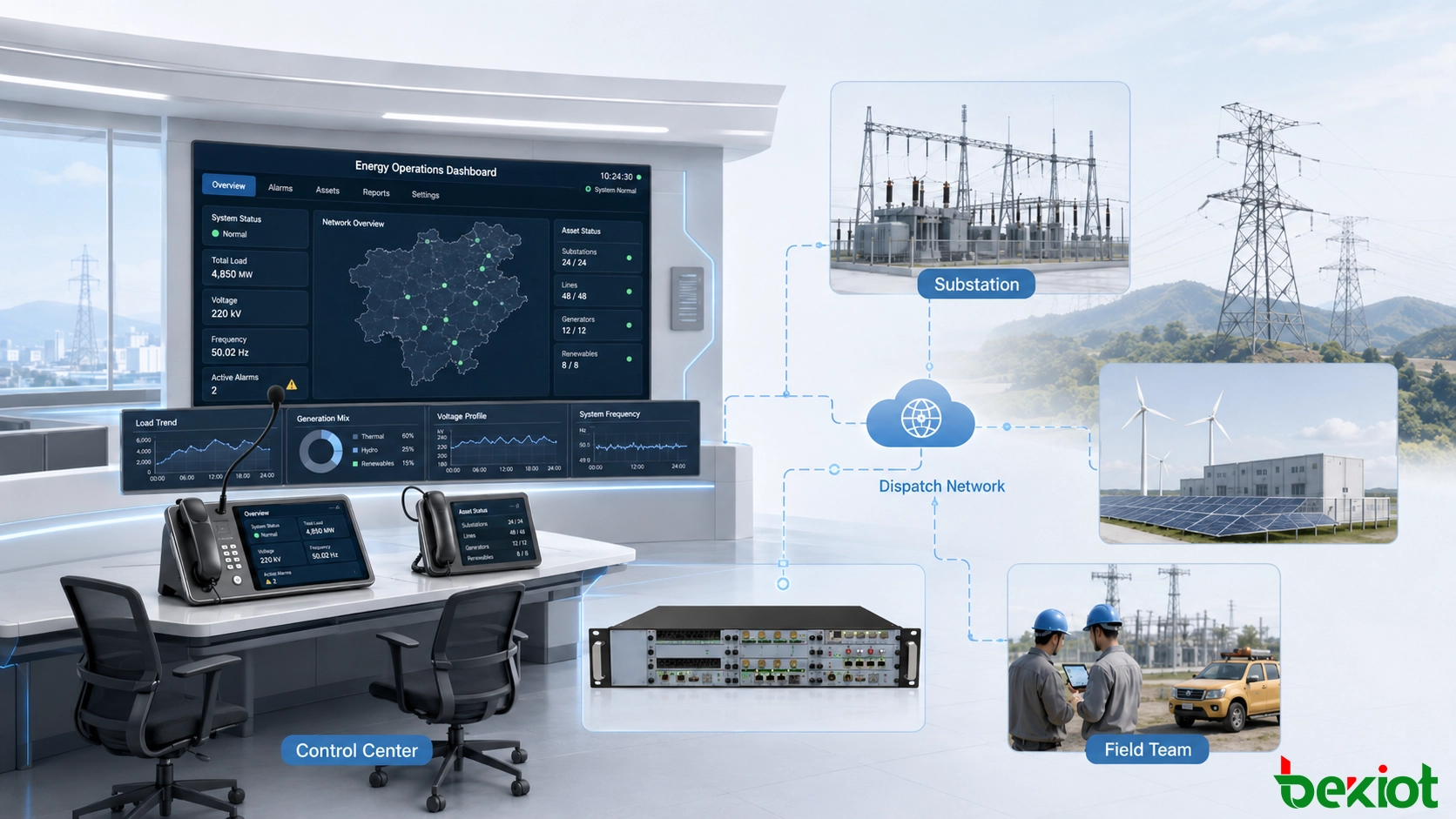 Arquitectura de un sistema de despacho eléctrico que conecta un centro de control con subestaciones, equipos de campo, terminales de comunicación, servidores y recursos de supervisión