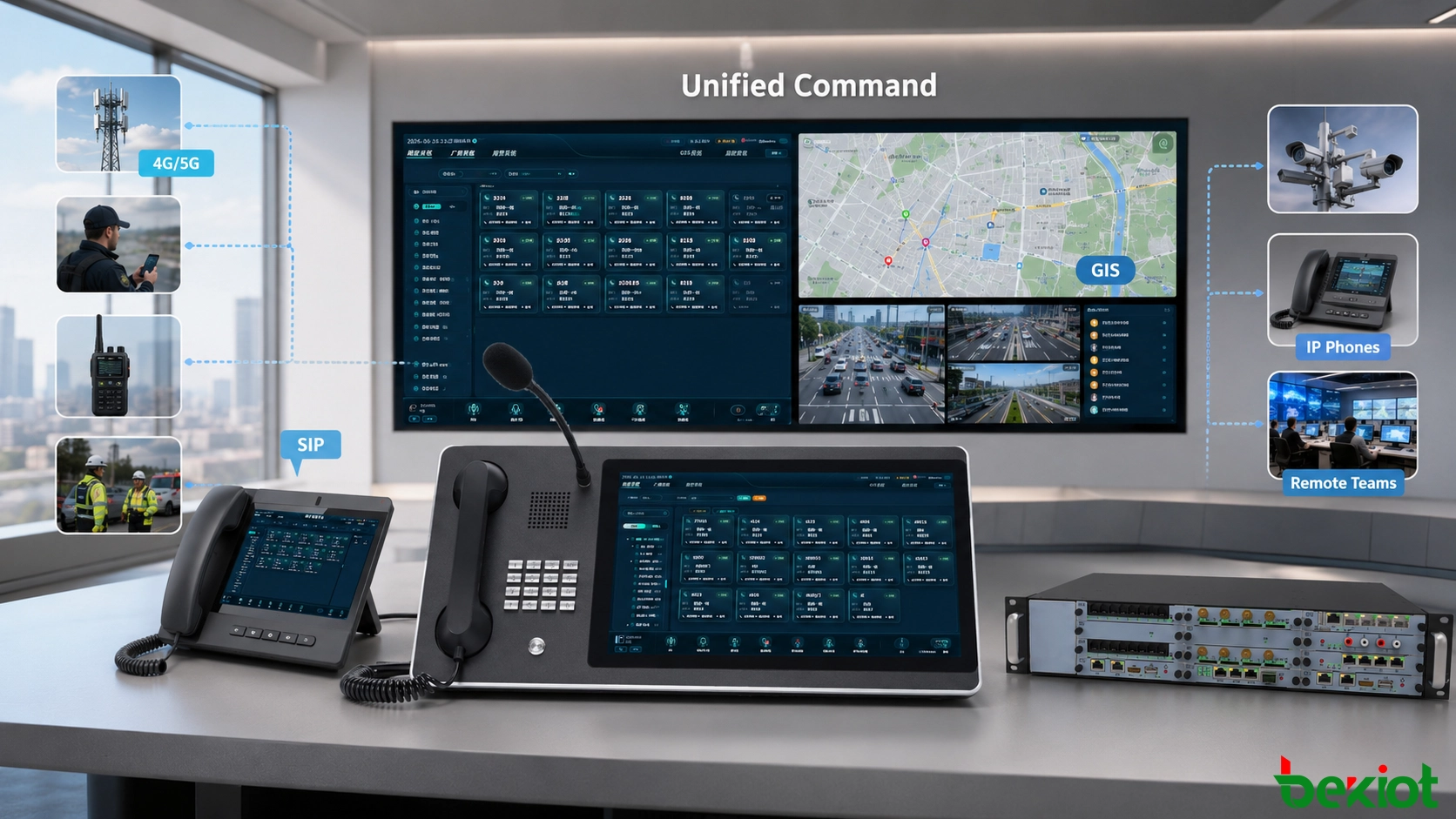 Arquitectura de una consola de despacho Android que integra un centro de control con radio privada, usuarios móviles 4G y 5G, teléfonos, sistemas de vídeo, recursos GIS y equipos de campo