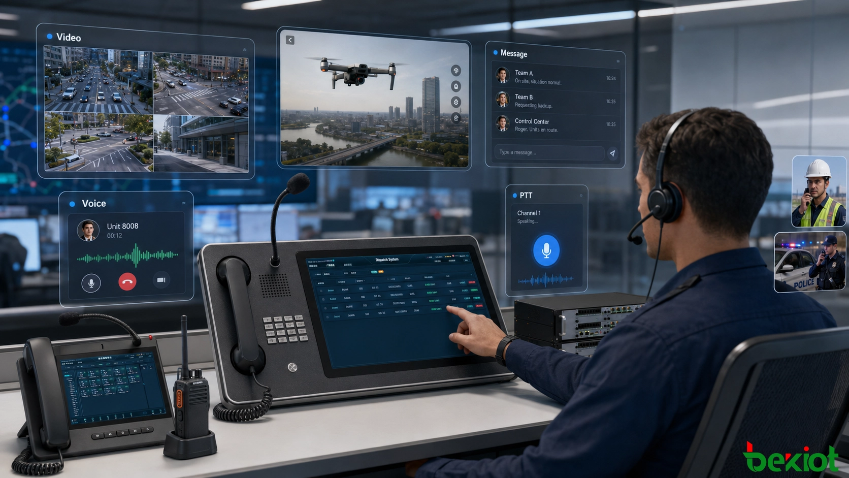 Flujo de trabajo de despacho integrado que combina radio PTT, llamadas telefónicas, CCTV, drones, videoconferencia, mensajería instantánea y comunicaciones móviles de campo