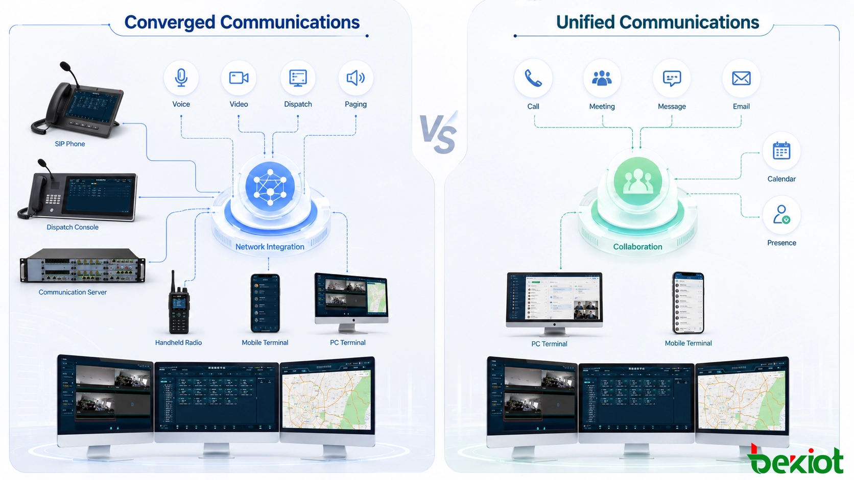 Comparación de arquitectura de comunicaciones convergentes y unificadas que muestra redes, servicios de medios, herramientas de colaboración y terminales de usuario