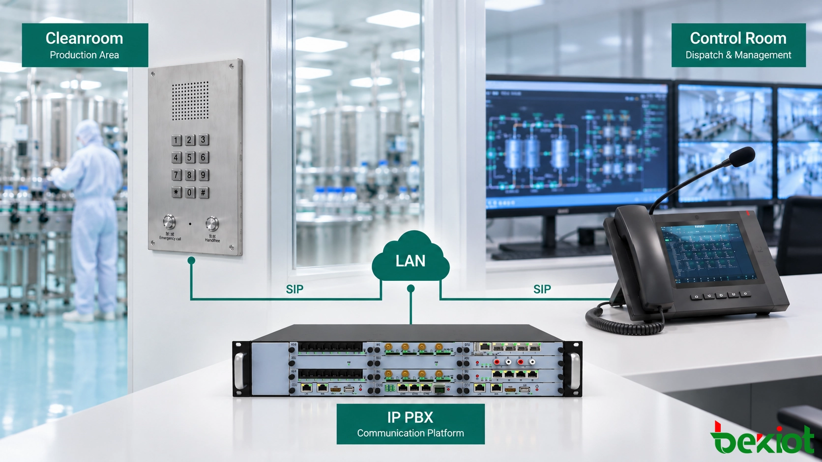 Teléfono para sala blanca BT26 conectado mediante BU2000 IP PBX al teléfono de despacho GP320i